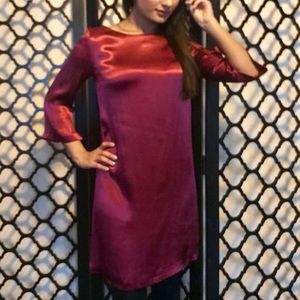 3/4 sleeve maroon satin dress